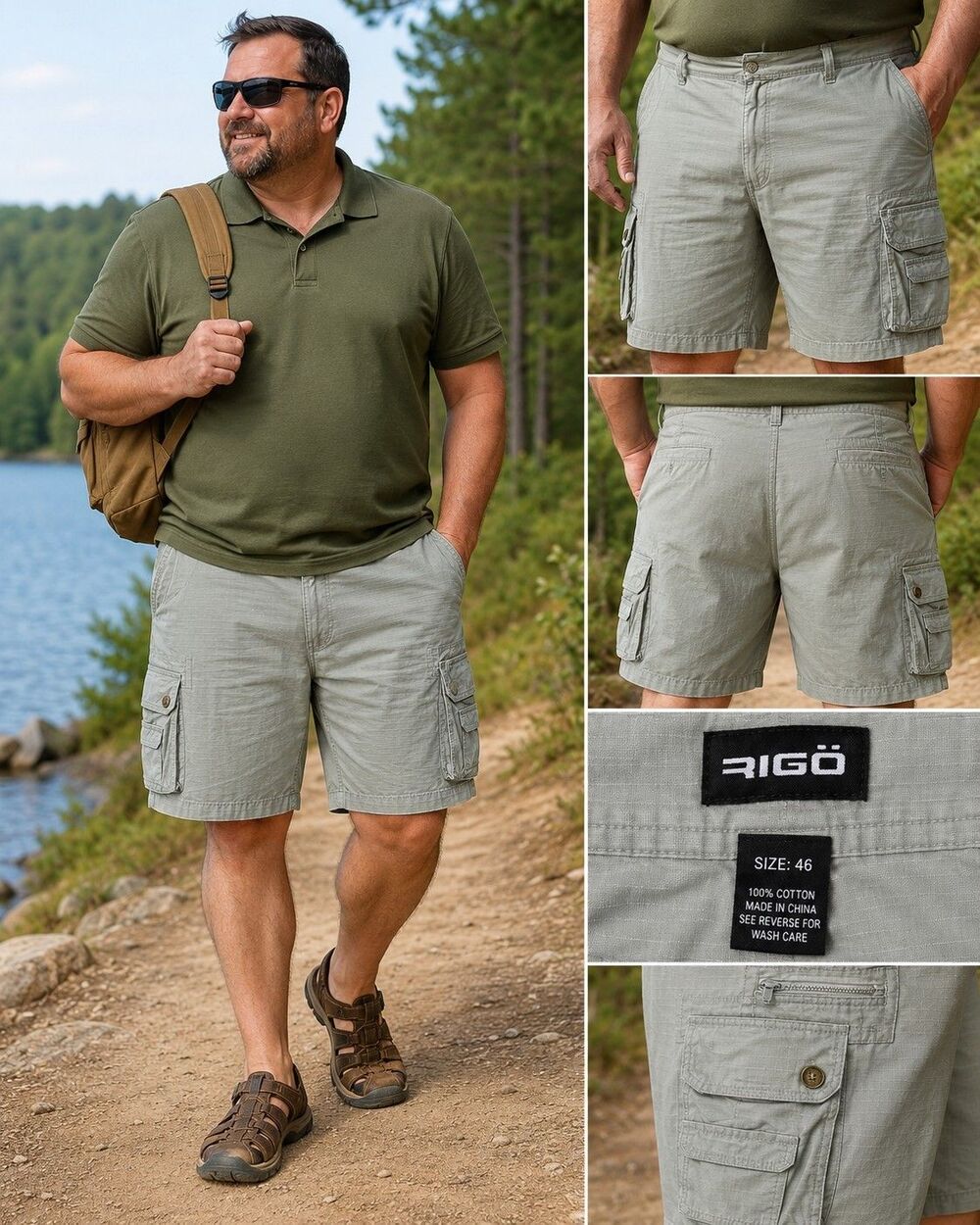 RIGO Cargo Shorts Men's Size 46 Sage Green Ripstop Utility Hiking Casual